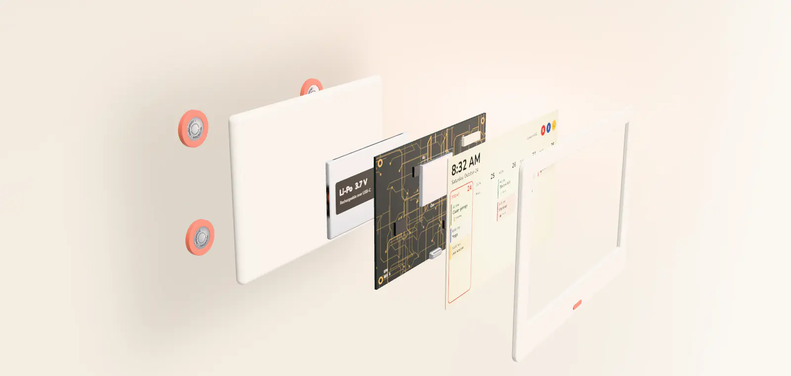 3D render, exploded view of the panel: front bezel, color e-paper film, display driver and ESP32 board, battery, back shell and four coral-ringed magnets.
